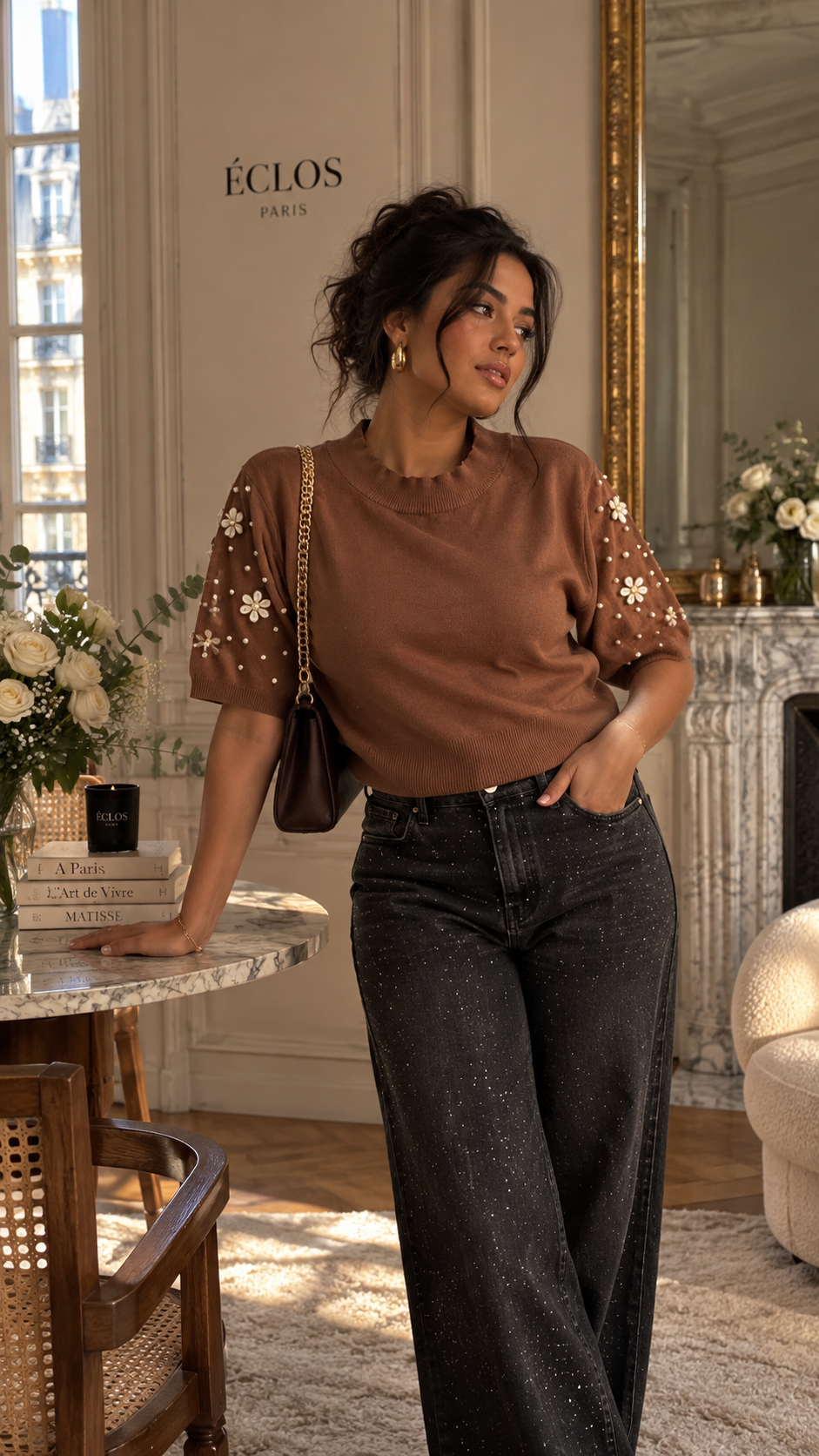 JASMIN — Pull à manches ornées — Bleu marine, chocolat et ivoire