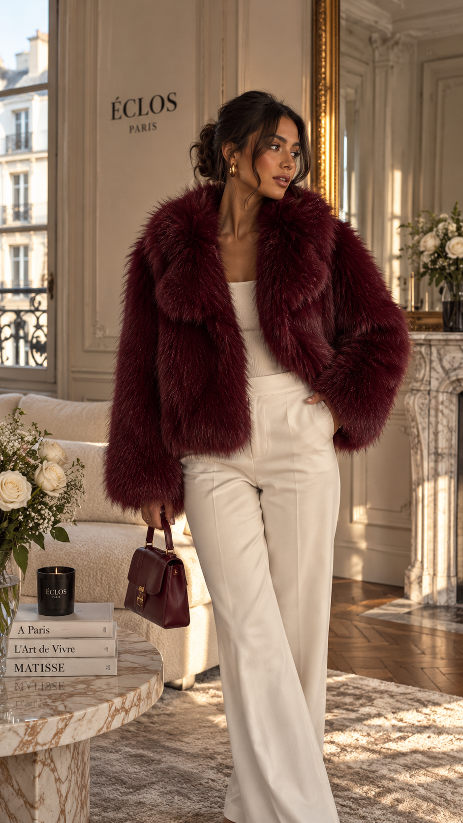 CAMÉLIA — Veste courte effet fourrure — Bordeaux, noir et ivoire