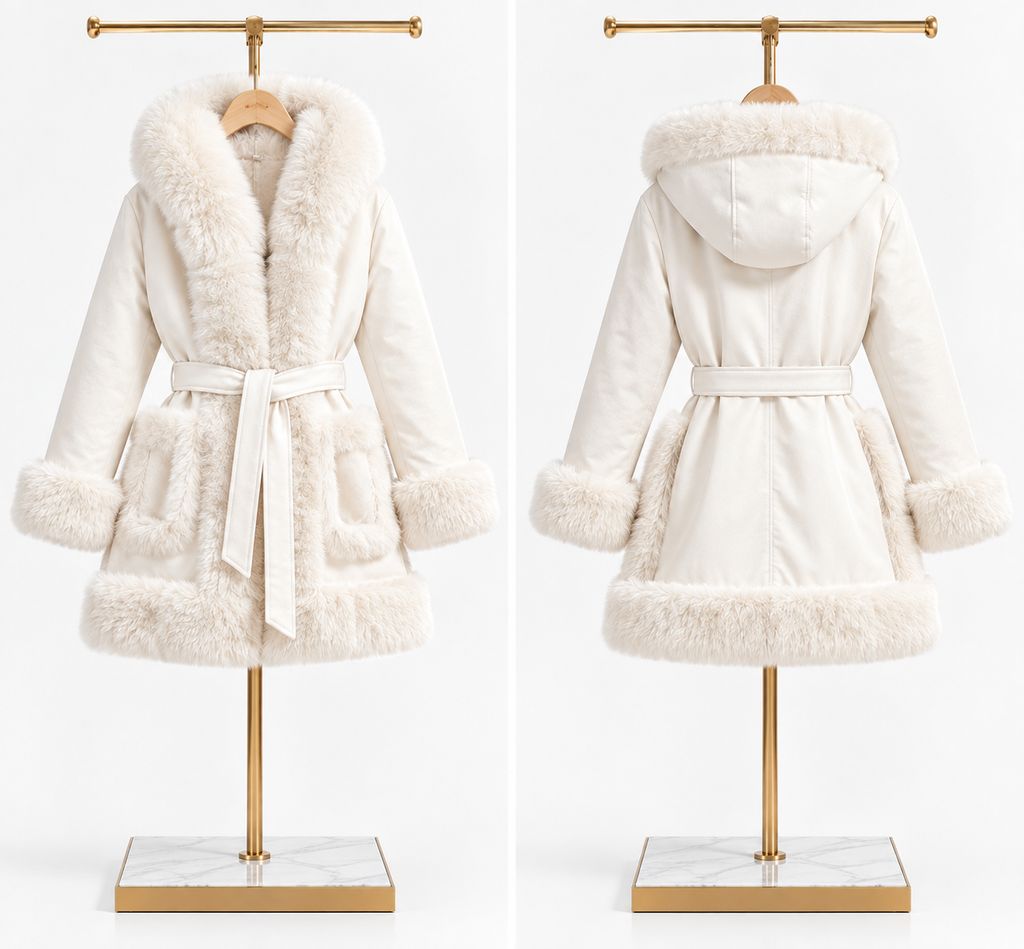 MAGNOLIA — Manteau ceinturé à capuche — Ivoire et noir