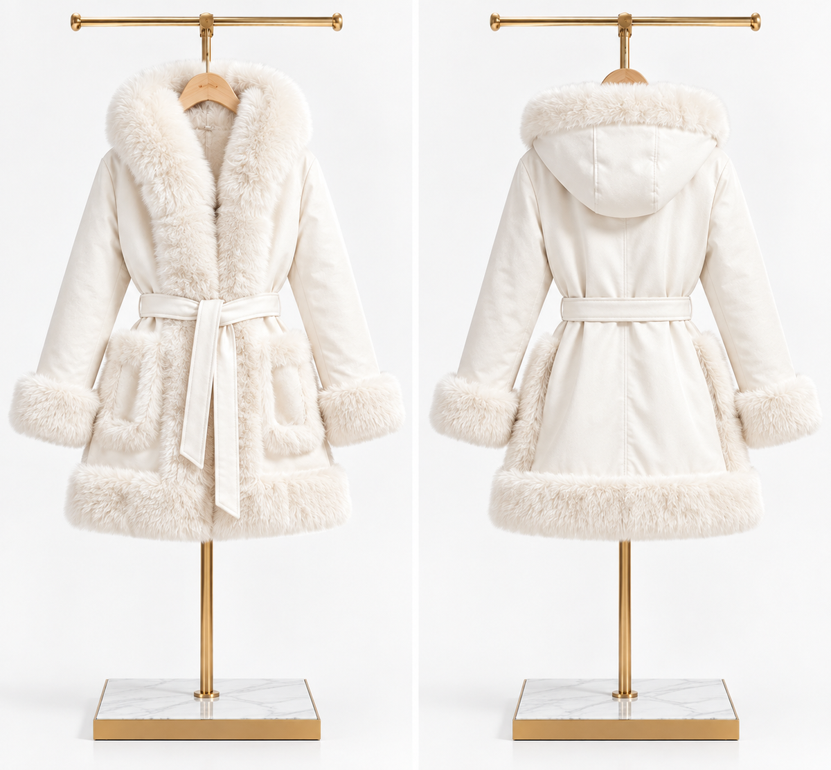 MAGNOLIA — Manteau ceinturé à capuche — Ivoire et noir