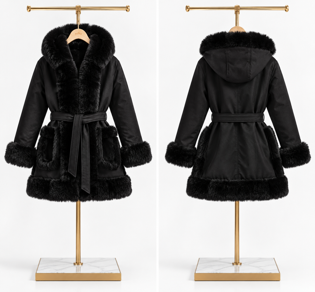 MAGNOLIA — Manteau ceinturé à capuche — Ivoire et noir