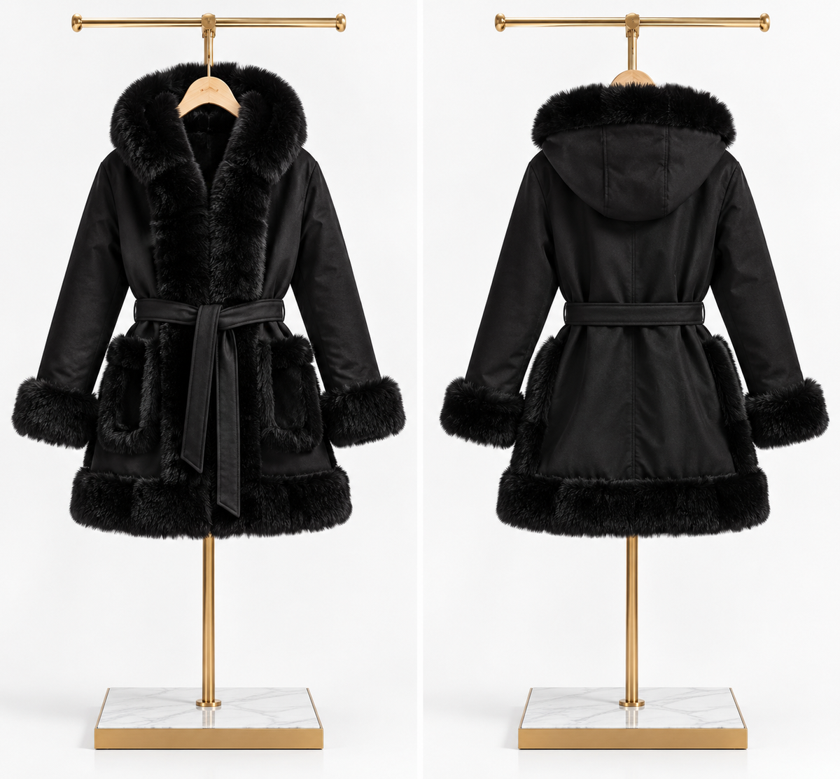 MAGNOLIA — Manteau ceinturé à capuche — Ivoire et noir
